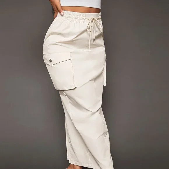 Beige Casual Womens Drawstring Waist Flap Pocket Side Cargo Skirt - Picture 5 of 5